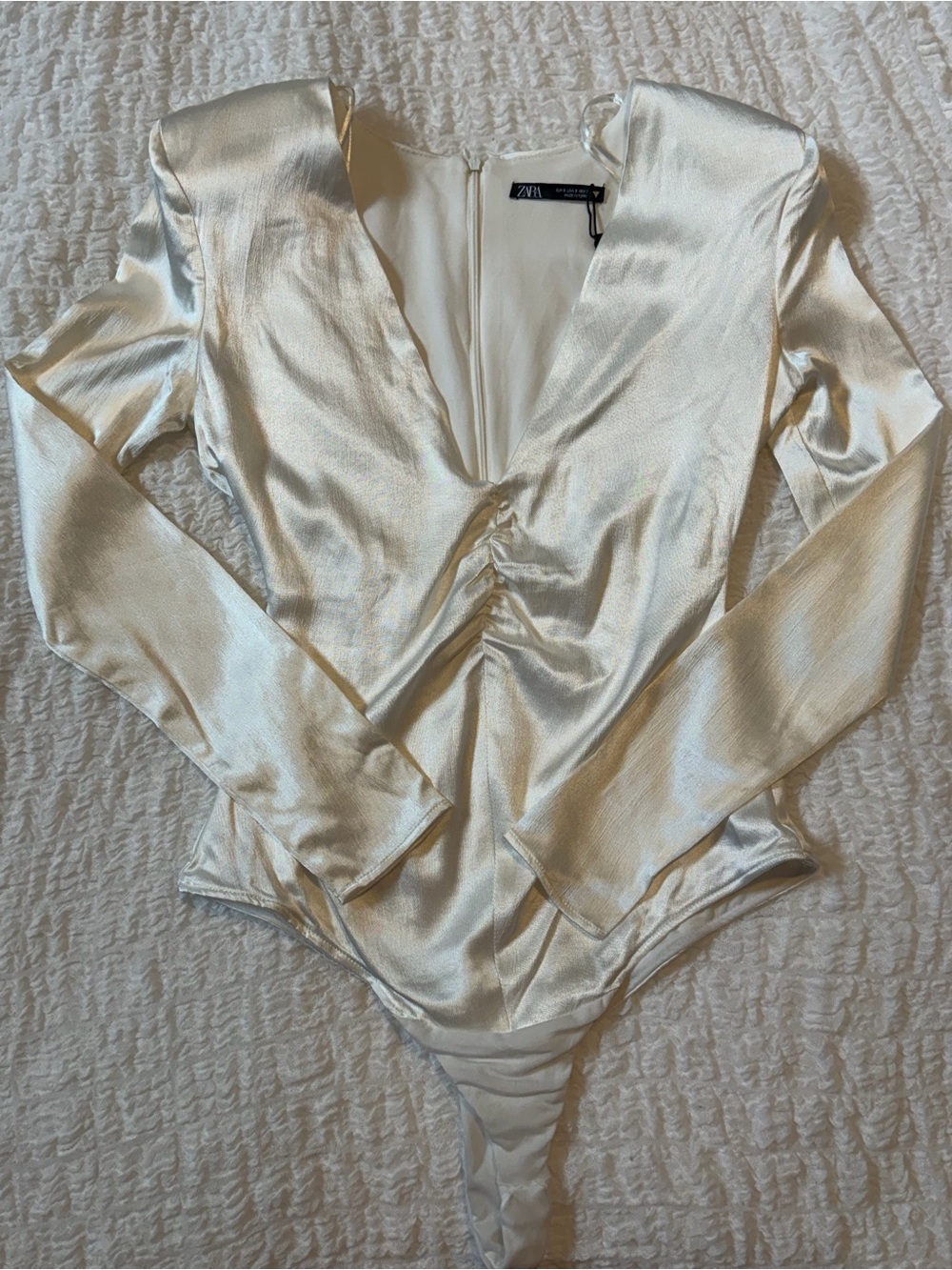 ZARA Ivory Satin Long-Sleeve V-Neck Bodysuit